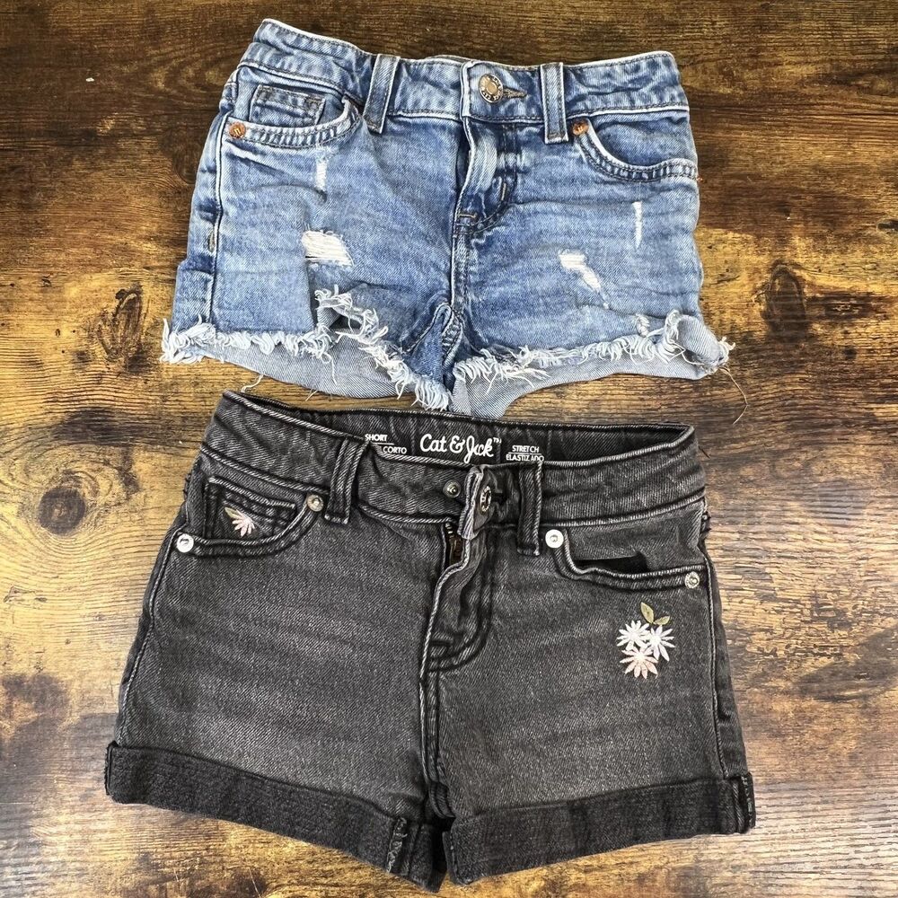 Cat & Jack Girls Denim Jean Shorts Set of 2 Blue Black Embroidered Size X/S 4/5